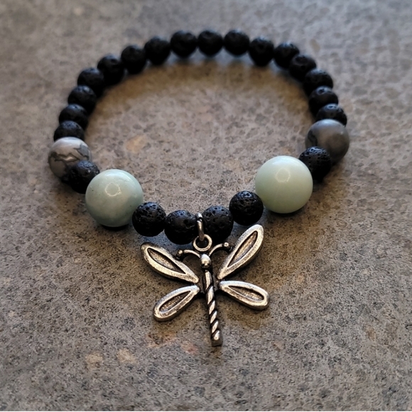 Aventurine & Jasper Stone Handmade Dragonfly Lava Bead Bracelet - Picture 2 of 6